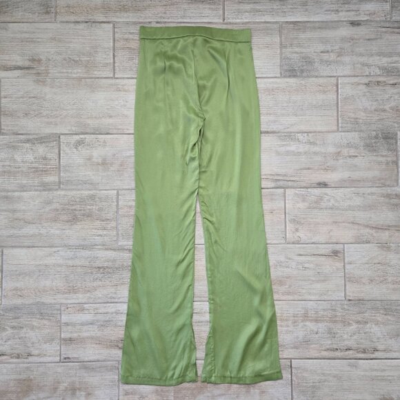NWT Zara Kelly Green Wide Leg Pants Viscose Satin Feel Split Ankle Dressy M - Picture 2 of 7